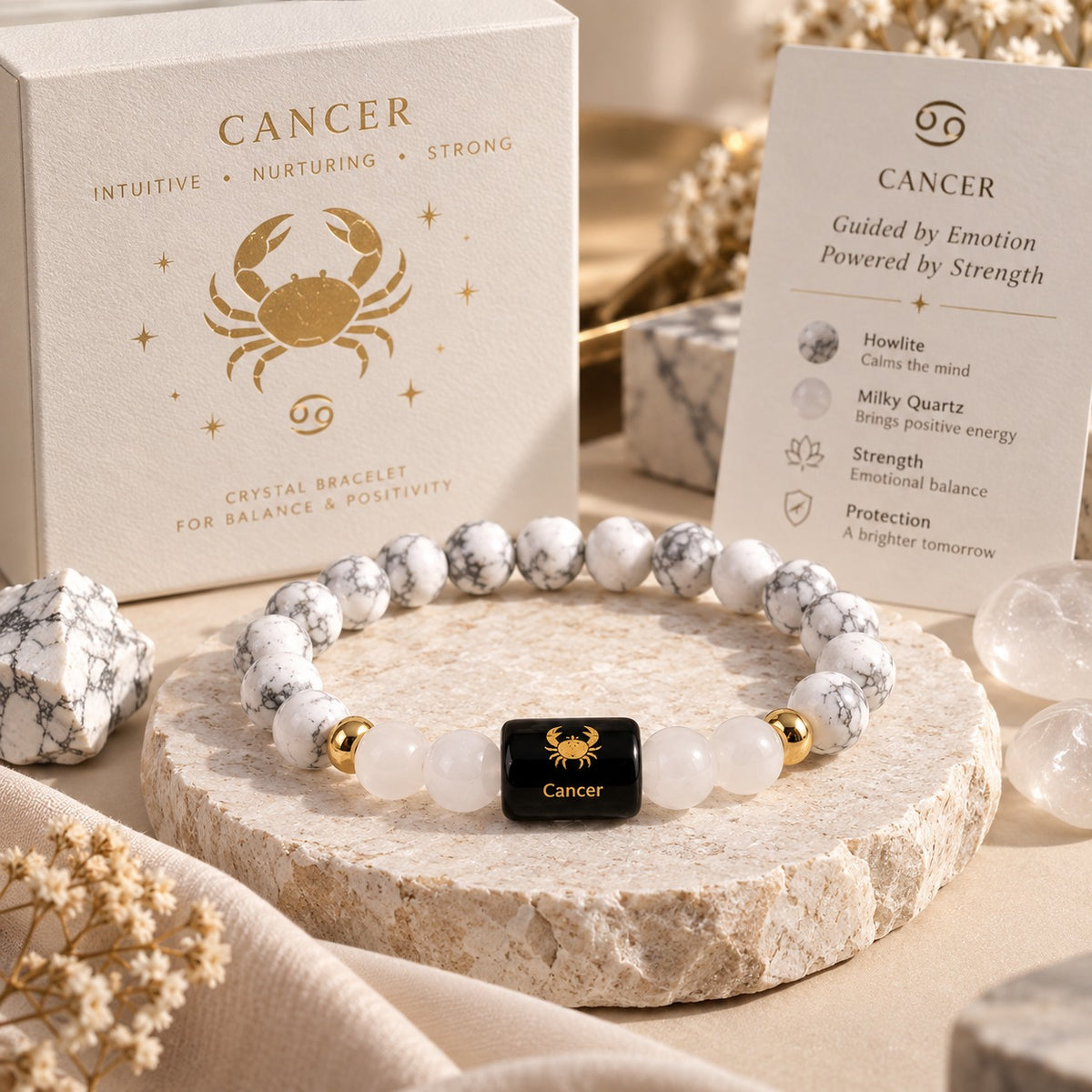 Cancer (कर्क राशि) Zodiac Howlite & Milky Quartz Bracelet