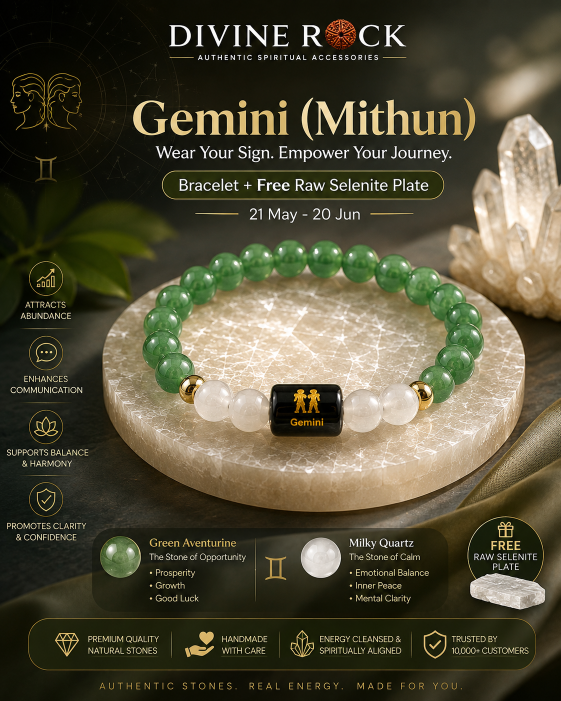 Gemini (मिथुन राशि) Green Aventurine & Milky Quartz Zodiac Bracelet
