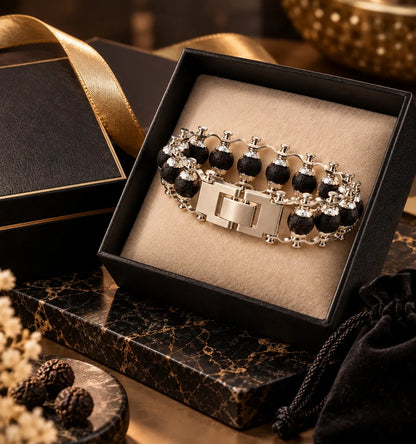 Silver Plated Karungali Modern Bracelet - Natural Ebony Wood