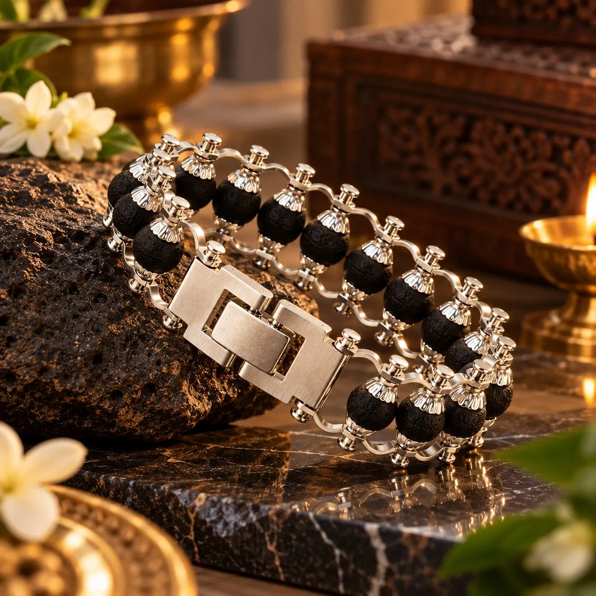Silver Plated Karungali Modern Bracelet - Natural Ebony Wood