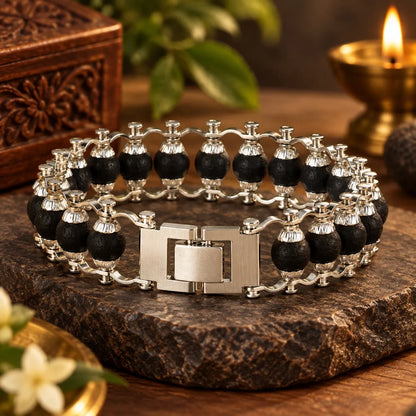 Silver Plated Karungali Modern Bracelet - Natural Ebony Wood